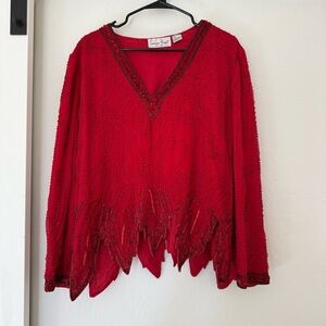 Vintage Laurence Kazar Red 100% Silk Beaded Long Sleeve Blouse Party 80’s Glam